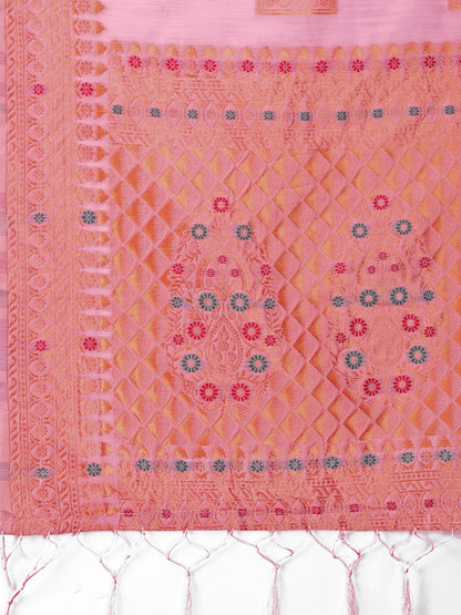Astita Elegant Light Pink Linen Saree with Intricate Woven Patterns – Lightweight Grace for Everyday and Festive Moments