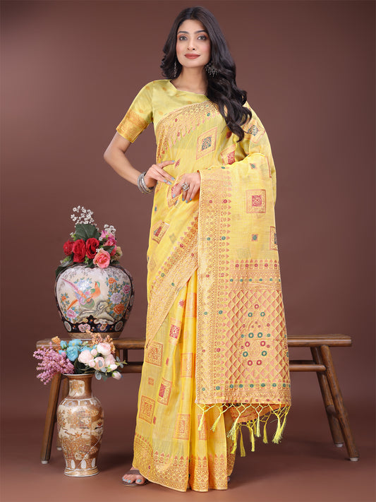 Astita Elegant Yellow Linen Saree with Intricate Woven Patterns – Lightweight Grace for Everyday and Festive Moments