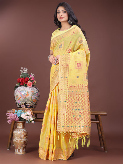 Astita Elegant Yellow Linen Saree with Intricate Woven Patterns – Lightweight Grace for Everyday and Festive Moments