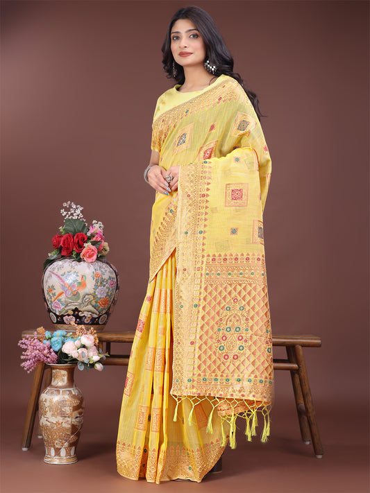 Astita Elegant Yellow Linen Saree with Intricate Woven Patterns – Lightweight Grace for Everyday and Festive Moments