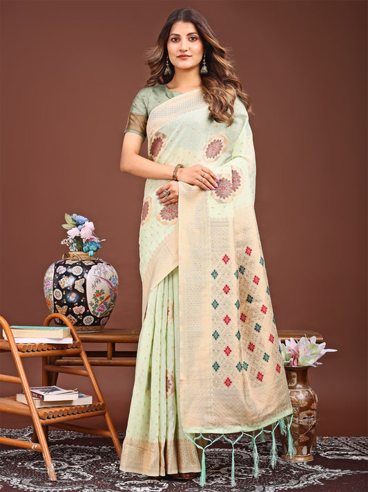 Astita Elegance Draped in Threads: Mint Green Linen Cotton Saree Woven with Serene Charm