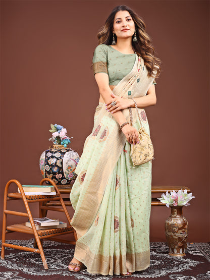 Astita Elegance Draped in Threads: Mint Green Linen Cotton Saree Woven with Serene Charm