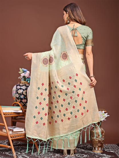 Astita Elegance Draped in Threads: Mint Green Linen Cotton Saree Woven with Serene Charm