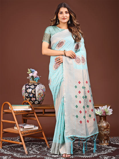 Astita Elegance Draped in Threads: Sky Blue Linen Cotton Saree Woven with Serene Charm