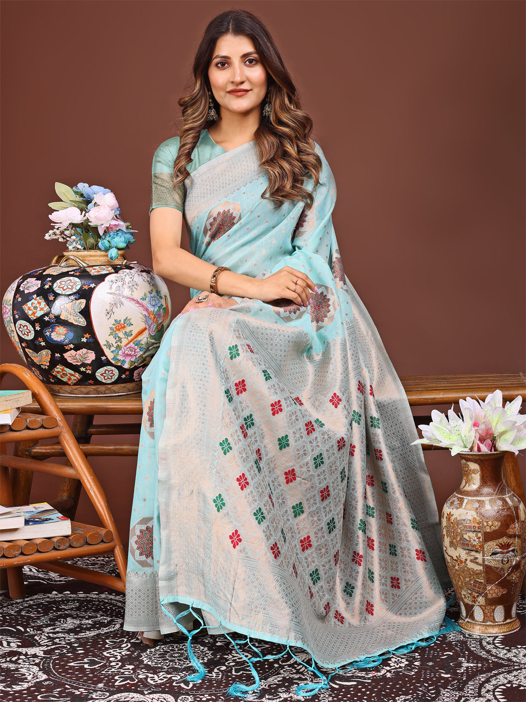Astita Elegance Draped in Threads: Sky Blue Linen Cotton Saree Woven with Serene Charm