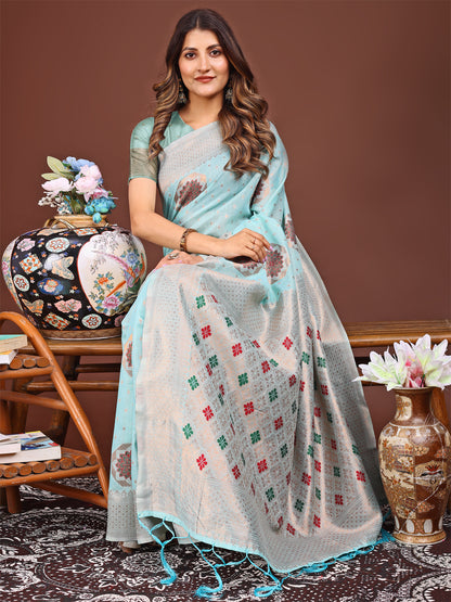 Astita Elegance Draped in Threads: Sky Blue Linen Cotton Saree Woven with Serene Charm