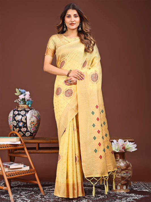 Astita Elegance Draped in Threads: Yellow Linen Cotton Saree Woven with Serene Charm
