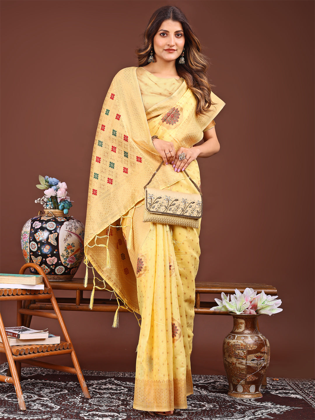 Astita Elegance Draped in Threads: Yellow Linen Cotton Saree Woven with Serene Charm