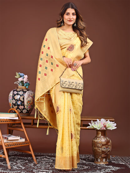 Astita Elegance Draped in Threads: Yellow Linen Cotton Saree Woven with Serene Charm