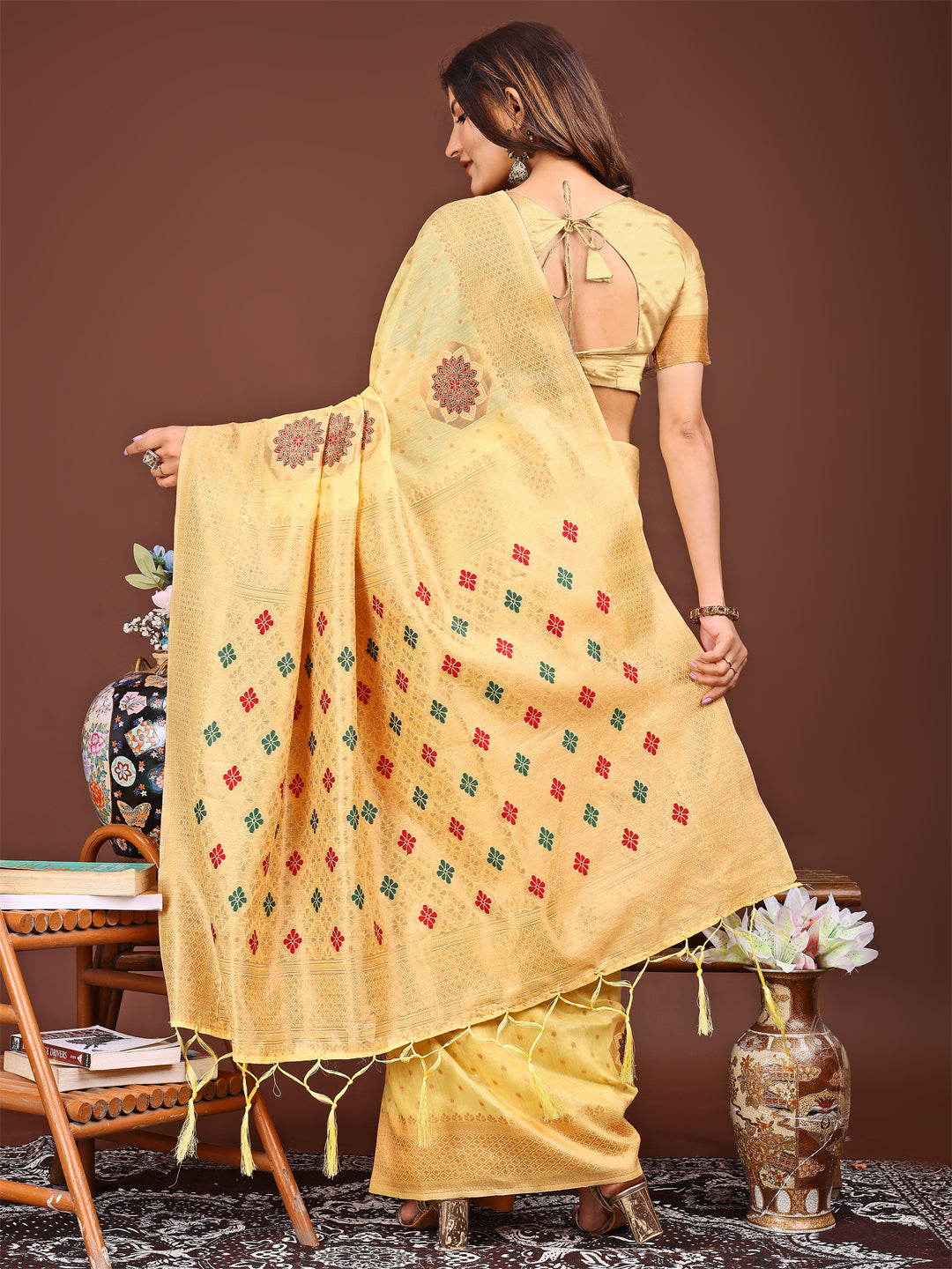 Astita Elegance Draped in Threads: Yellow Linen Cotton Saree Woven with Serene Charm
