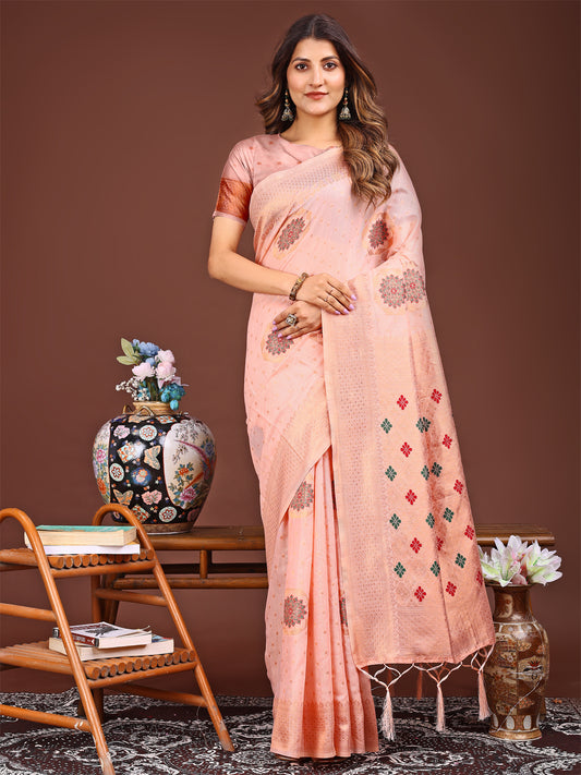 Astita Elegance Draped in Threads: Peach Linen Cotton Saree Woven with Serene Charm