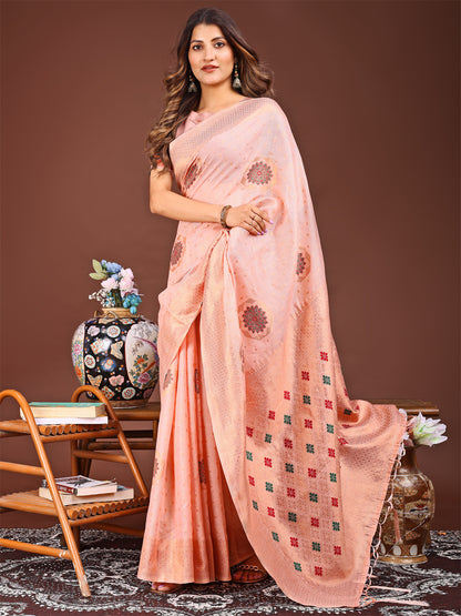 Astita Elegance Draped in Threads: Peach Linen Cotton Saree Woven with Serene Charm
