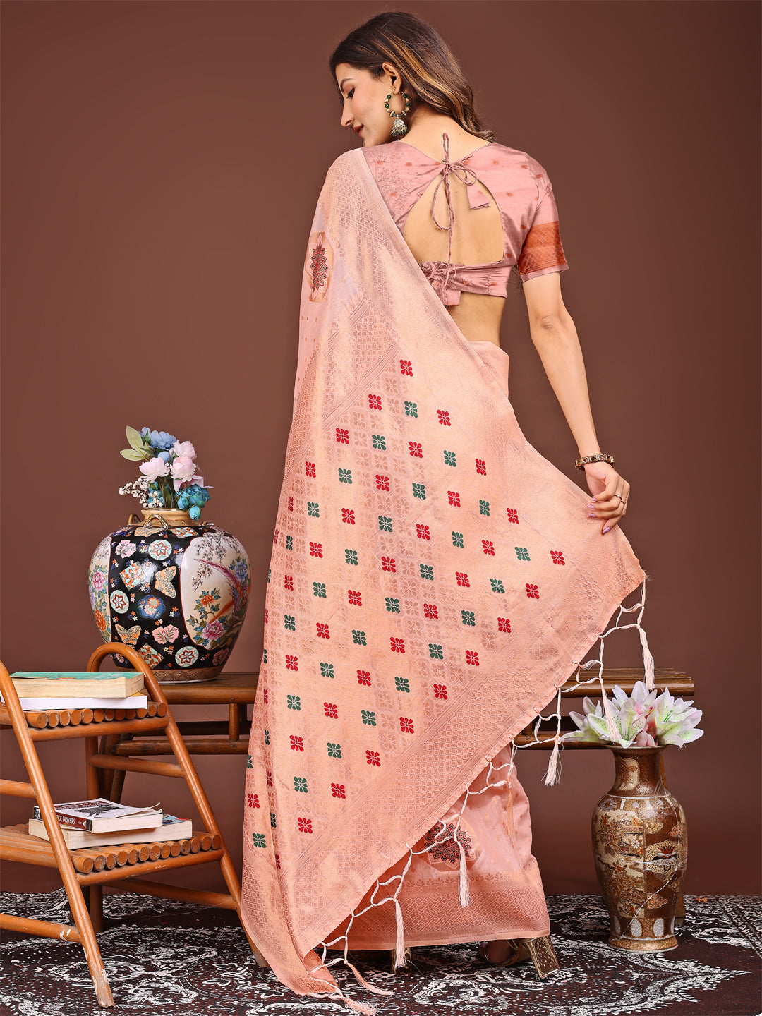 Astita Elegance Draped in Threads: Peach Linen Cotton Saree Woven with Serene Charm