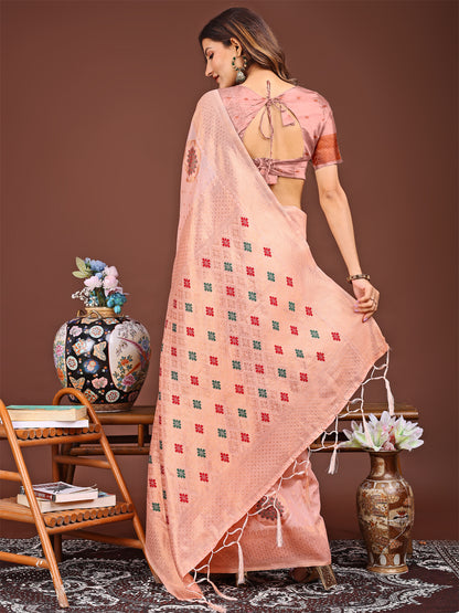 Astita Elegance Draped in Threads: Peach Linen Cotton Saree Woven with Serene Charm