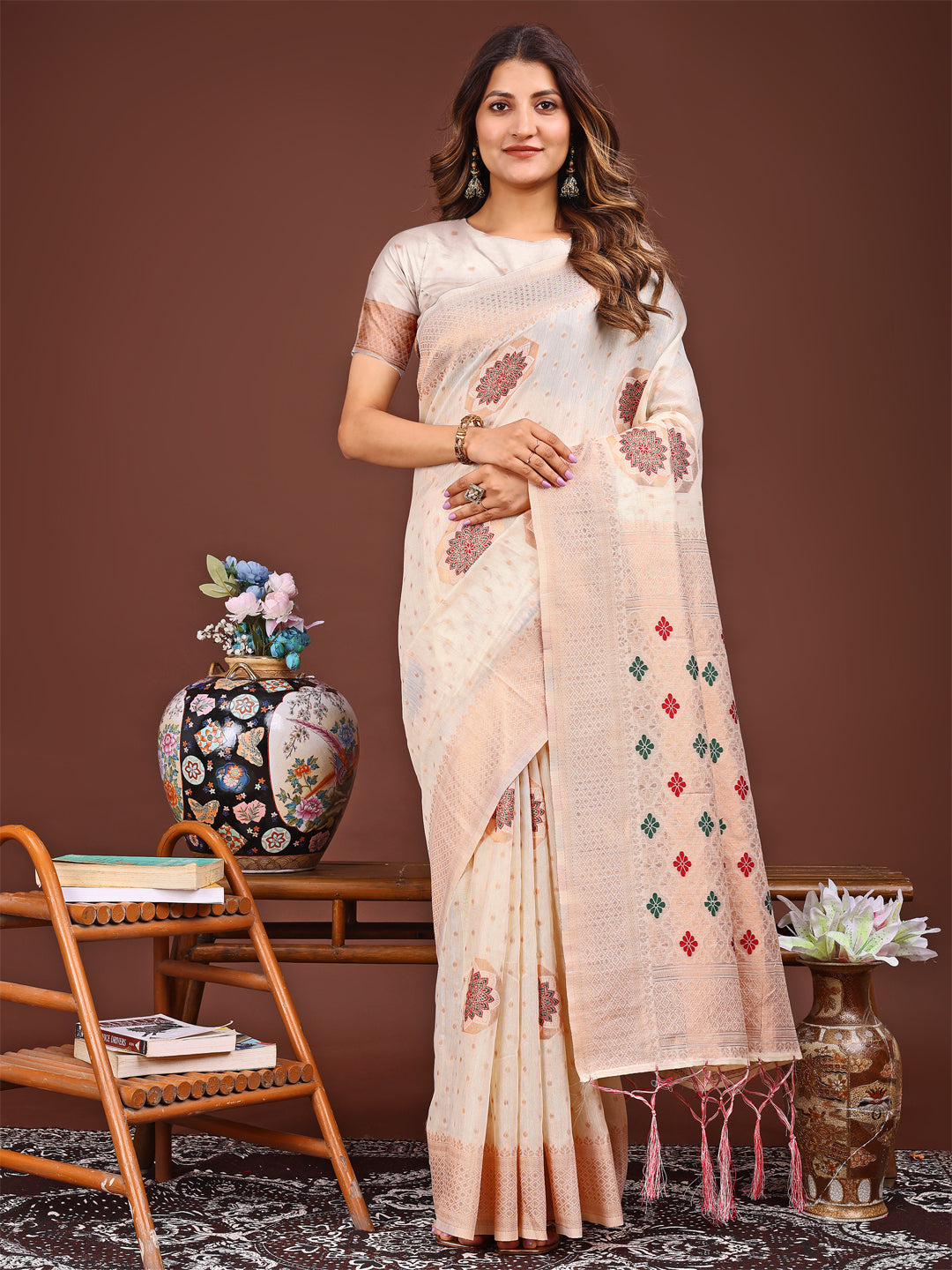 Astita Elegance Draped in Threads: White Linen Cotton Saree Woven with Serene Charm