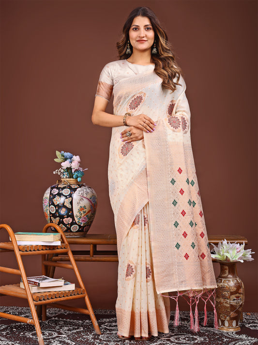 Astita Elegance Draped in Threads: White Linen Cotton Saree Woven with Serene Charm