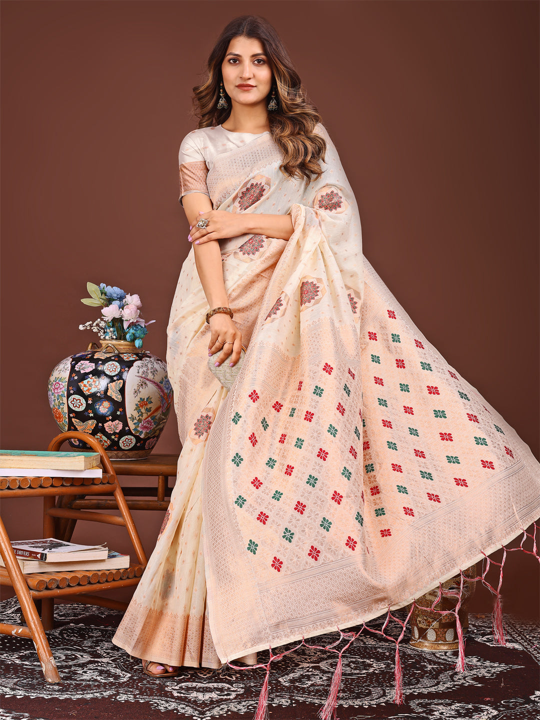 Astita Elegance Draped in Threads: White Linen Cotton Saree Woven with Serene Charm
