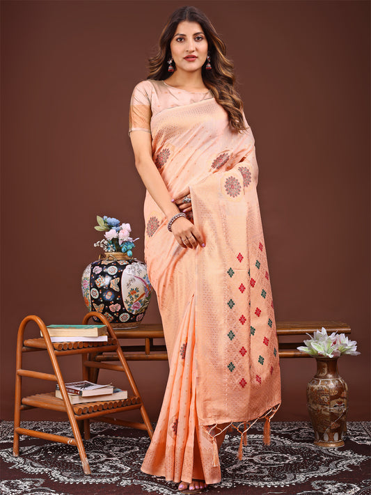 Astita Elegance Draped in Threads: Orange Linen Cotton Saree Woven with Serene Charm