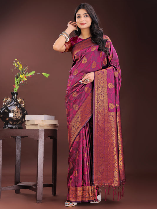 Astita Majestic Purple Banarasi Silk Saree with Golden Zari – Timeless Indian Ethnic Elegance for Weddings & Festive Occasions