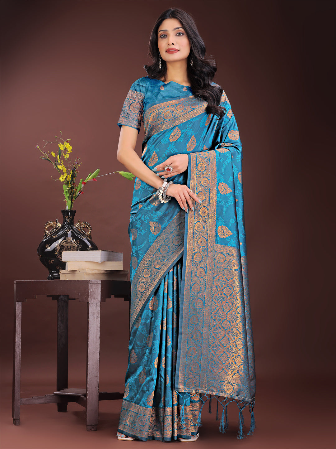 Astita Majestic Teal Banarasi Silk Saree with Golden Zari – Timeless Indian Ethnic Elegance for Weddings & Festive Occasions