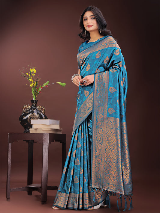 Astita Majestic Teal Banarasi Silk Saree with Golden Zari – Timeless Indian Ethnic Elegance for Weddings & Festive Occasions