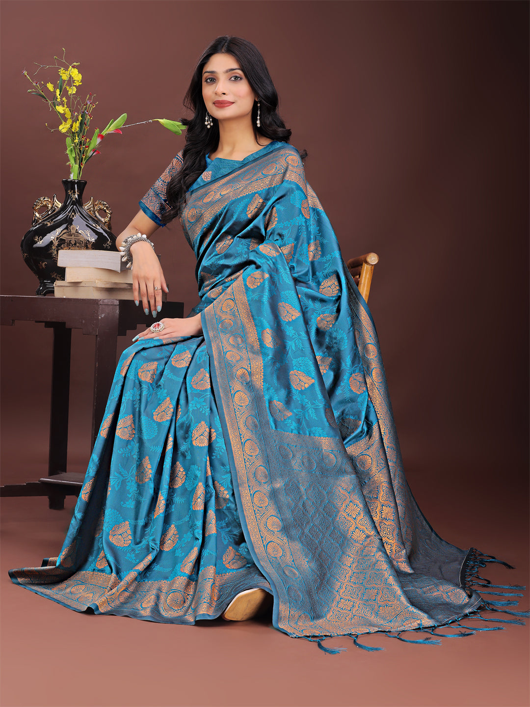 Astita Majestic Teal Banarasi Silk Saree with Golden Zari – Timeless Indian Ethnic Elegance for Weddings & Festive Occasions