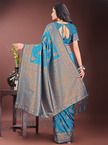 Astita Majestic Teal Banarasi Silk Saree with Golden Zari – Timeless Indian Ethnic Elegance for Weddings & Festive Occasions