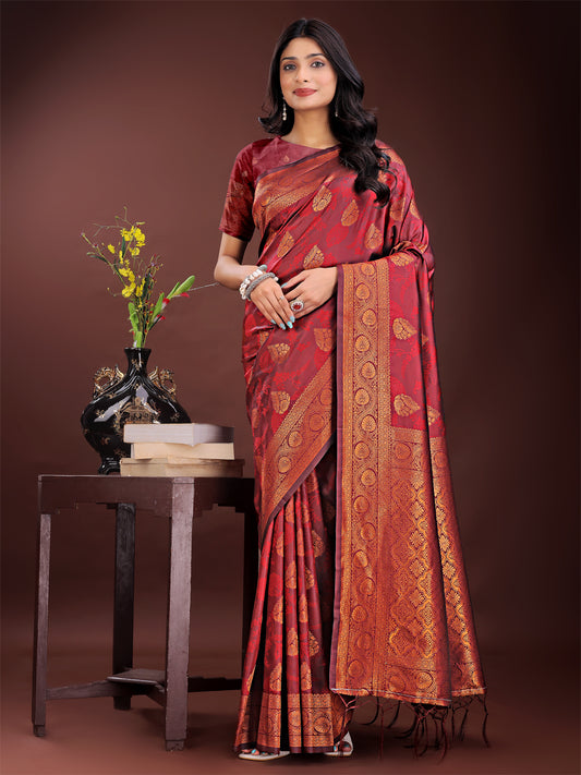 Astita Majestic Maroon Banarasi Silk Saree with Golden Zari – Timeless Indian Ethnic Elegance for Weddings & Festive Occasions