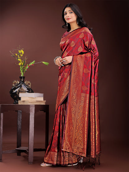 Astita Majestic Maroon Banarasi Silk Saree with Golden Zari – Timeless Indian Ethnic Elegance for Weddings & Festive Occasions