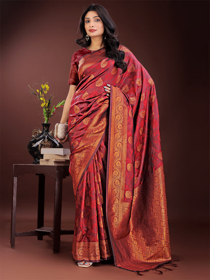 Astita Majestic Maroon Banarasi Silk Saree with Golden Zari – Timeless Indian Ethnic Elegance for Weddings & Festive Occasions