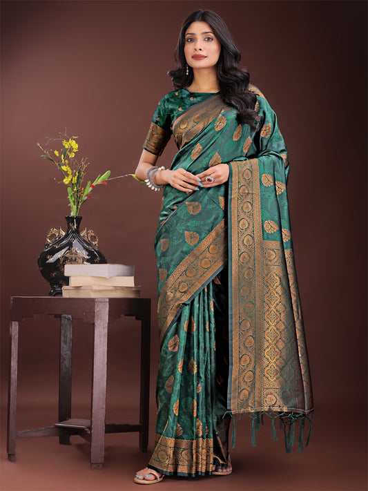 Astita Majestic Dark Green Banarasi Silk Saree with Golden Zari – Timeless Indian Ethnic Elegance for Weddings & Festive Occasions