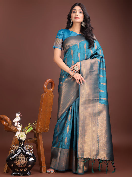Astita Teal Blue Linen Cotton Saree with Golden Zari Leaf Woven Design & Rich Pallu – Festive Wear | Office Look | Soft Drape