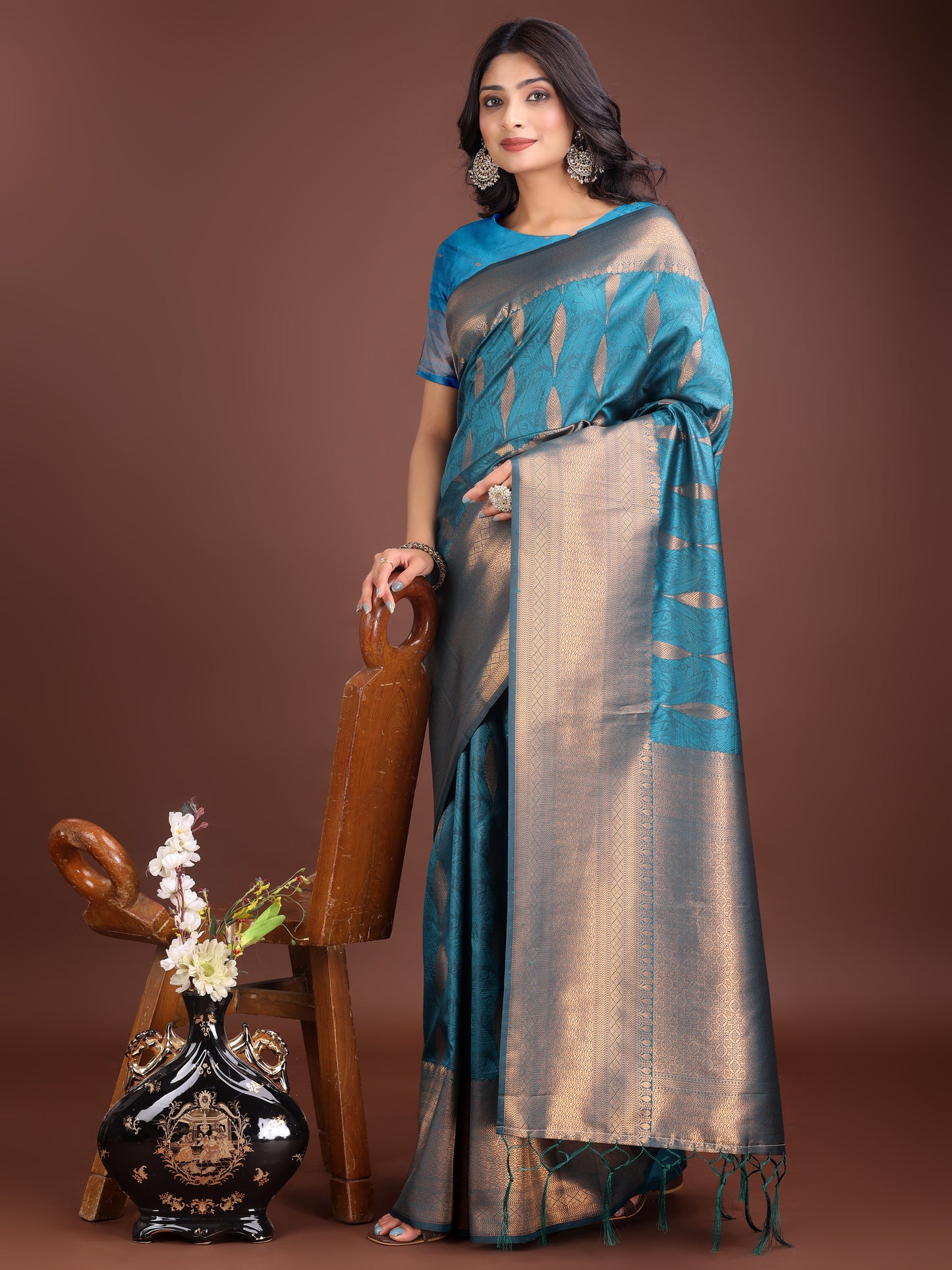 Astita Teal Blue Linen Cotton Saree with Golden Zari Leaf Woven Design & Rich Pallu – Festive Wear | Office Look | Soft Drape