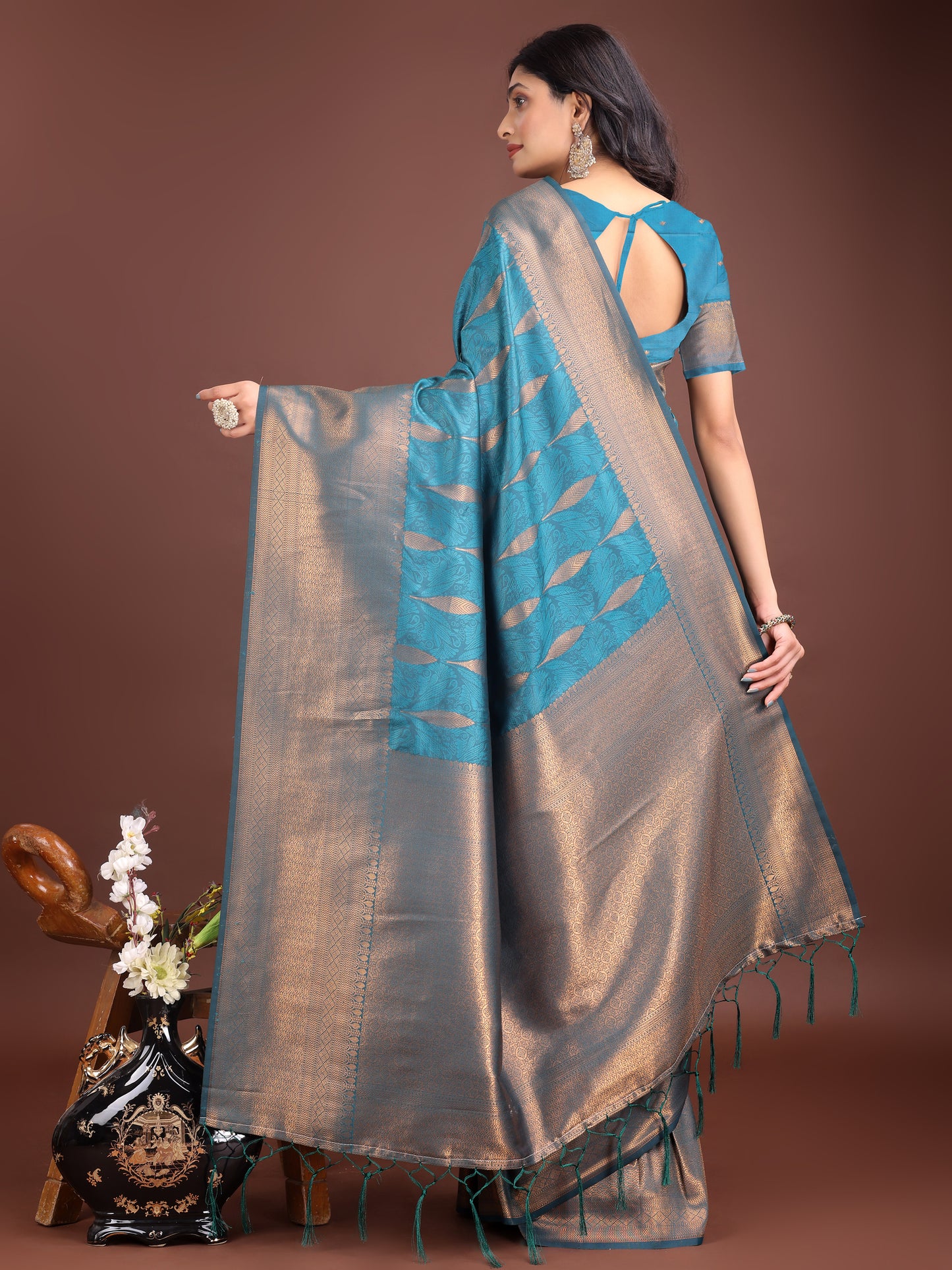 Astita Teal Blue Linen Cotton Saree with Golden Zari Leaf Woven Design & Rich Pallu – Festive Wear | Office Look | Soft Drape