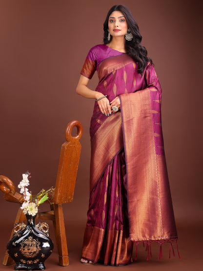 Astita Purple Linen Cotton Saree with Golden Zari Leaf Woven Design & Rich Pallu – Festive Wear | Office Look | Soft Drape