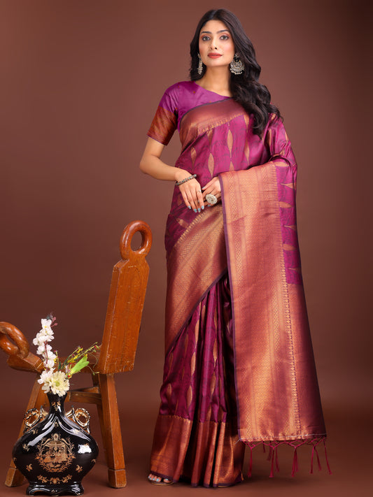 Astita Purple Linen Cotton Saree with Golden Zari Leaf Woven Design & Rich Pallu – Festive Wear | Office Look | Soft Drape