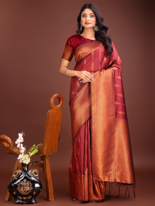 Astita Maroon Linen Cotton Saree with Golden Zari Leaf Woven Design & Rich Pallu – Festive Wear | Office Look | Soft Drape