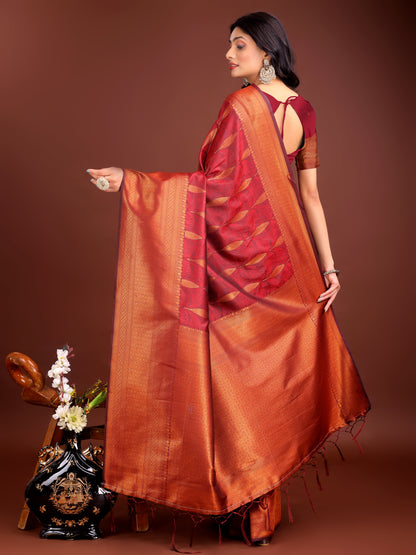 Astita Maroon Linen Cotton Saree with Golden Zari Leaf Woven Design & Rich Pallu – Festive Wear | Office Look | Soft Drape