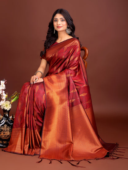 Astita Maroon Linen Cotton Saree with Golden Zari Leaf Woven Design & Rich Pallu – Festive Wear | Office Look | Soft Drape