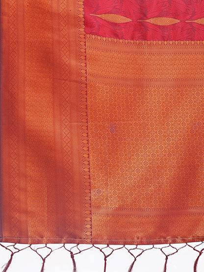Astita Maroon Linen Cotton Saree with Golden Zari Leaf Woven Design & Rich Pallu – Festive Wear | Office Look | Soft Drape