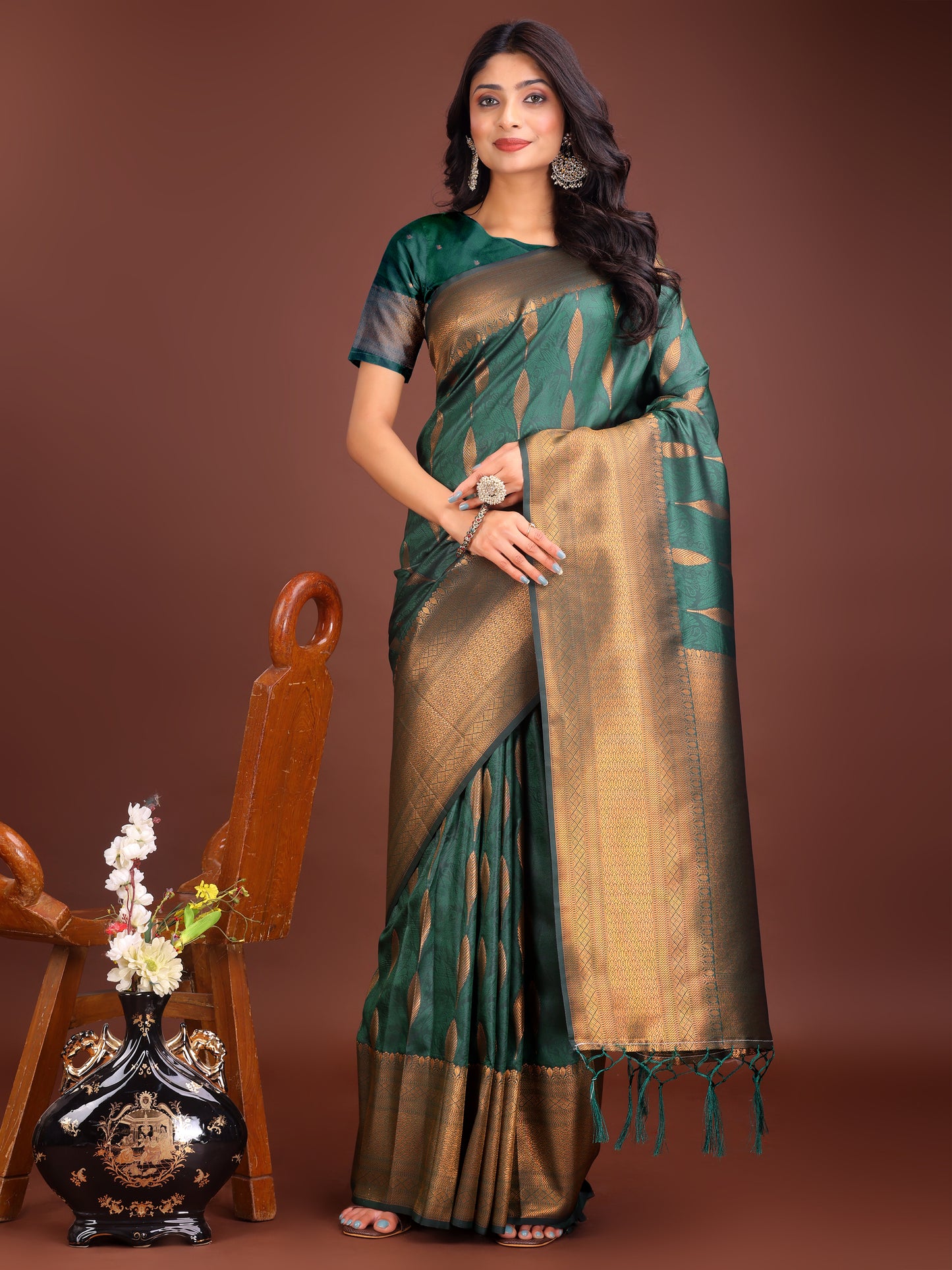 Astita Green Linen Cotton Saree with Golden Zari Leaf Woven Design & Rich Pallu – Festive Wear | Office Look | Soft Drape