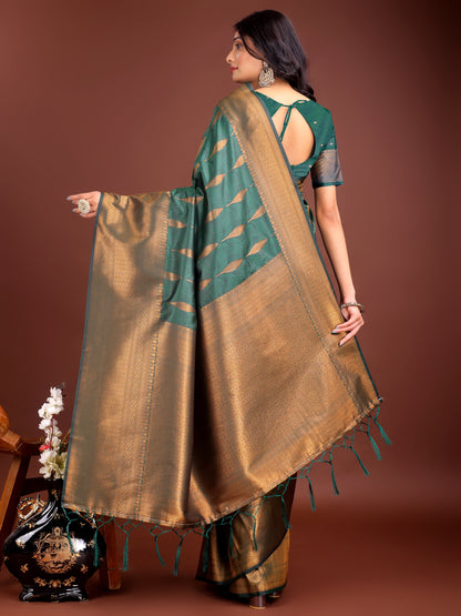 Astita Green Linen Cotton Saree with Golden Zari Leaf Woven Design & Rich Pallu – Festive Wear | Office Look | Soft Drape