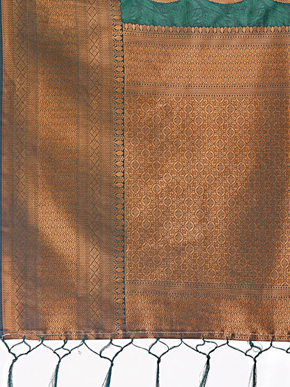Astita Green Linen Cotton Saree with Golden Zari Leaf Woven Design & Rich Pallu – Festive Wear | Office Look | Soft Drape