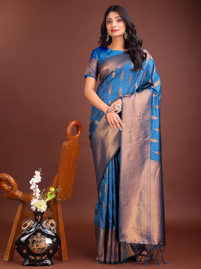 Astita Sky Blue Linen Cotton Saree with Golden Zari Leaf Woven Design & Rich Pallu – Festive Wear | Office Look | Soft Drape