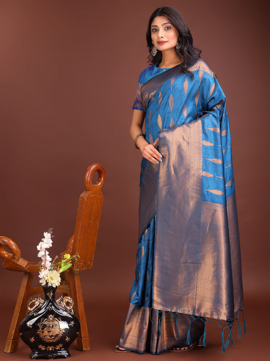 Astita Sky Blue Linen Cotton Saree with Golden Zari Leaf Woven Design & Rich Pallu – Festive Wear | Office Look | Soft Drape