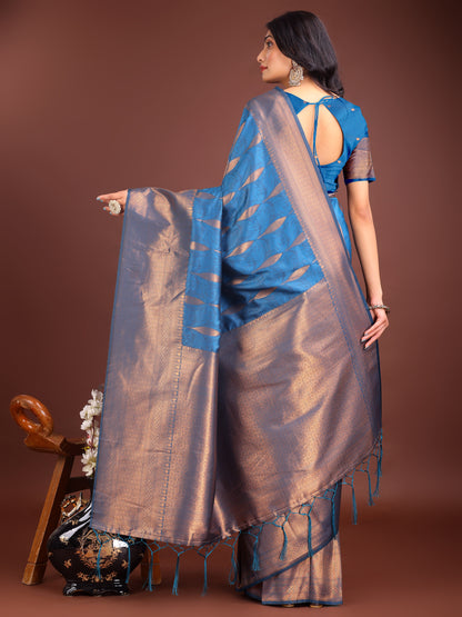 Astita Sky Blue Linen Cotton Saree with Golden Zari Leaf Woven Design & Rich Pallu – Festive Wear | Office Look | Soft Drape