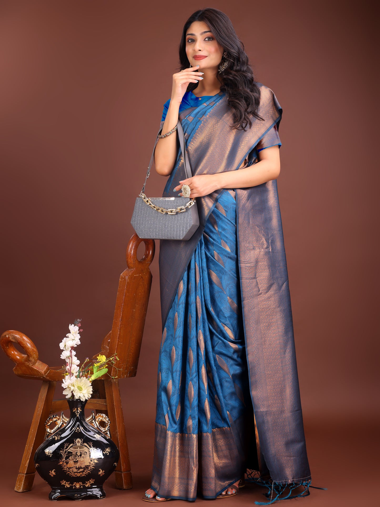 Astita Sky Blue Linen Cotton Saree with Golden Zari Leaf Woven Design & Rich Pallu – Festive Wear | Office Look | Soft Drape