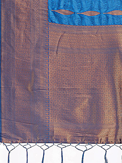 Astita Sky Blue Linen Cotton Saree with Golden Zari Leaf Woven Design & Rich Pallu – Festive Wear | Office Look | Soft Drape
