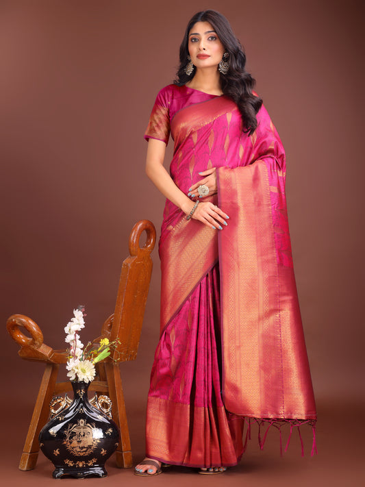 Astita Magenta Linen Cotton Saree with Golden Zari Leaf Woven Design & Rich Pallu – Festive Wear | Office Look | Soft Drape