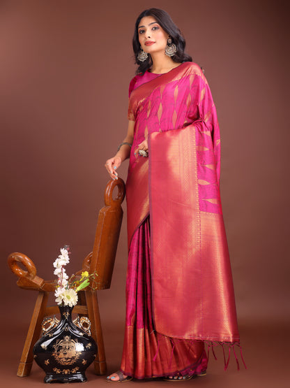 Astita Magenta Linen Cotton Saree with Golden Zari Leaf Woven Design & Rich Pallu – Festive Wear | Office Look | Soft Drape